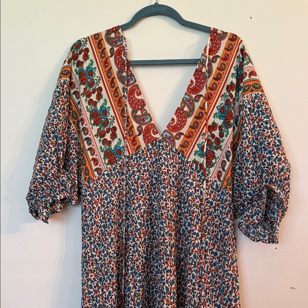 Boho Floral V-Neck Dress in Blue and Rust